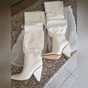 Prettylittlething White Thigh High Boots Brand New